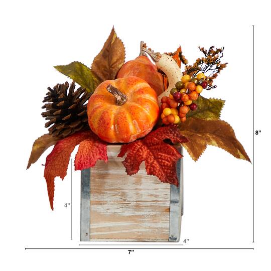 8" Pumpkin, Gourd, Berries & Pinecones Autumn Arrangement In Natural Washed Vase